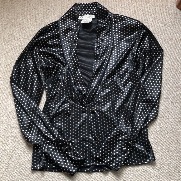 VINTAGE 80's Shiny Black & Gold Dots Plunge V Neck Button Front Blouse Size 6 - Picture 4 of 6